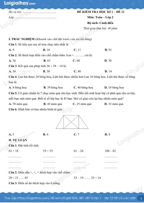 Đề kiểm tra học kì 1 Toán 2 Cánh diều - Đề số 11